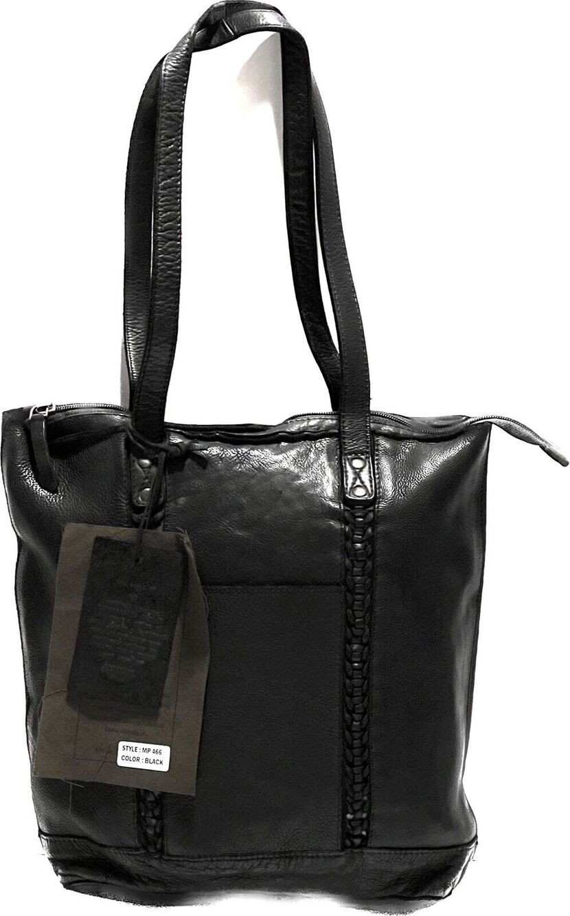Vilenca Holland Leather Tote Shopper Woven Detail Black MP 466 NWT 12”X11”X4”